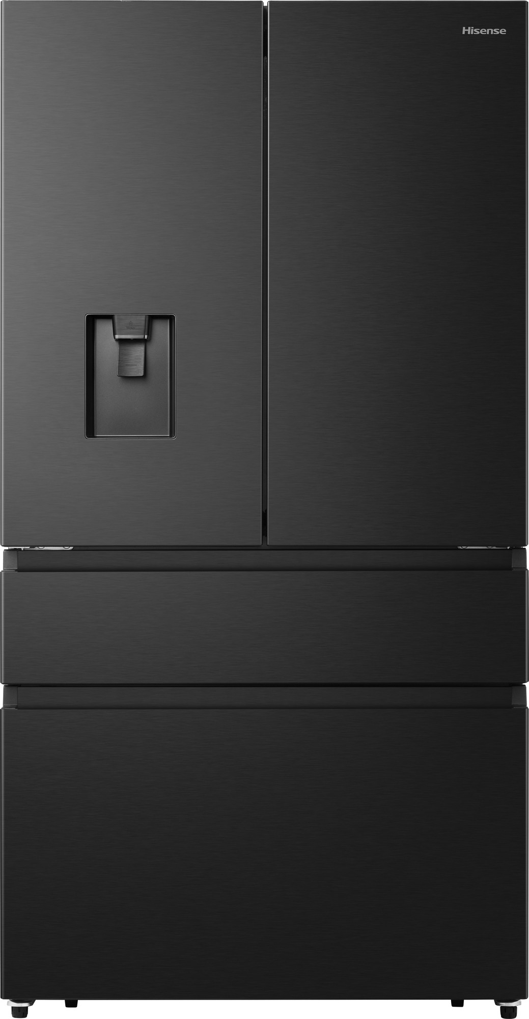 Hisense RF749N4SWFE refrigerator features a sleek black stainless steel finish, a top freezer with a water dispenser, and a bottom drawer design for easy access.