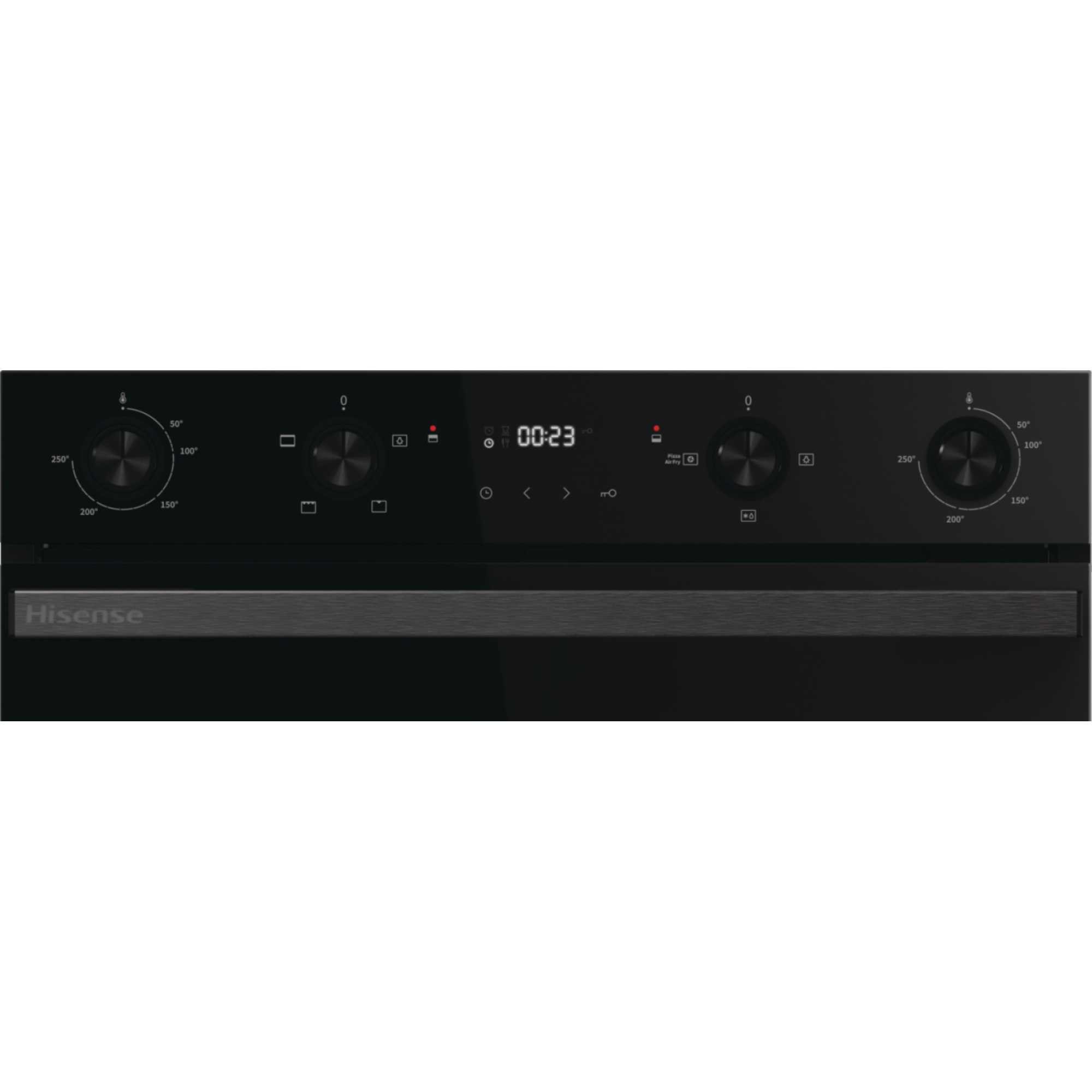 Black built-in double oven with a sleek design, featuring a digital display, two control knobs, and a stainless steel handle for a modern kitchen aesthetic.