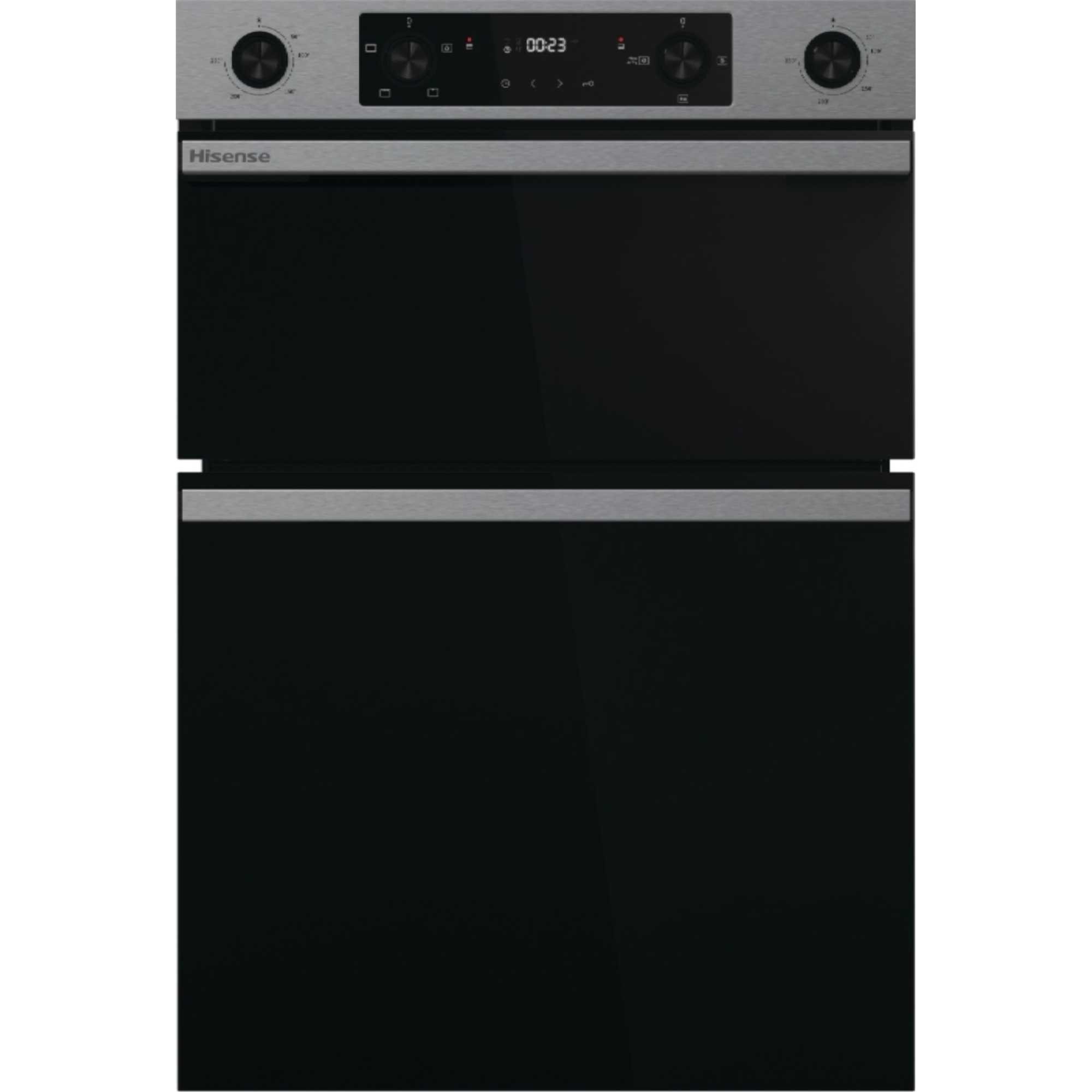Hisense BID914221AX Hi6 electric built-in double oven in stainless steel with a sleek black glass front, featuring a digital display and control knobs.