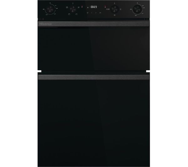 Black built-in double oven with sleek glass front, featuring digital controls and air fry mode, showcasing a modern design by Hisense.