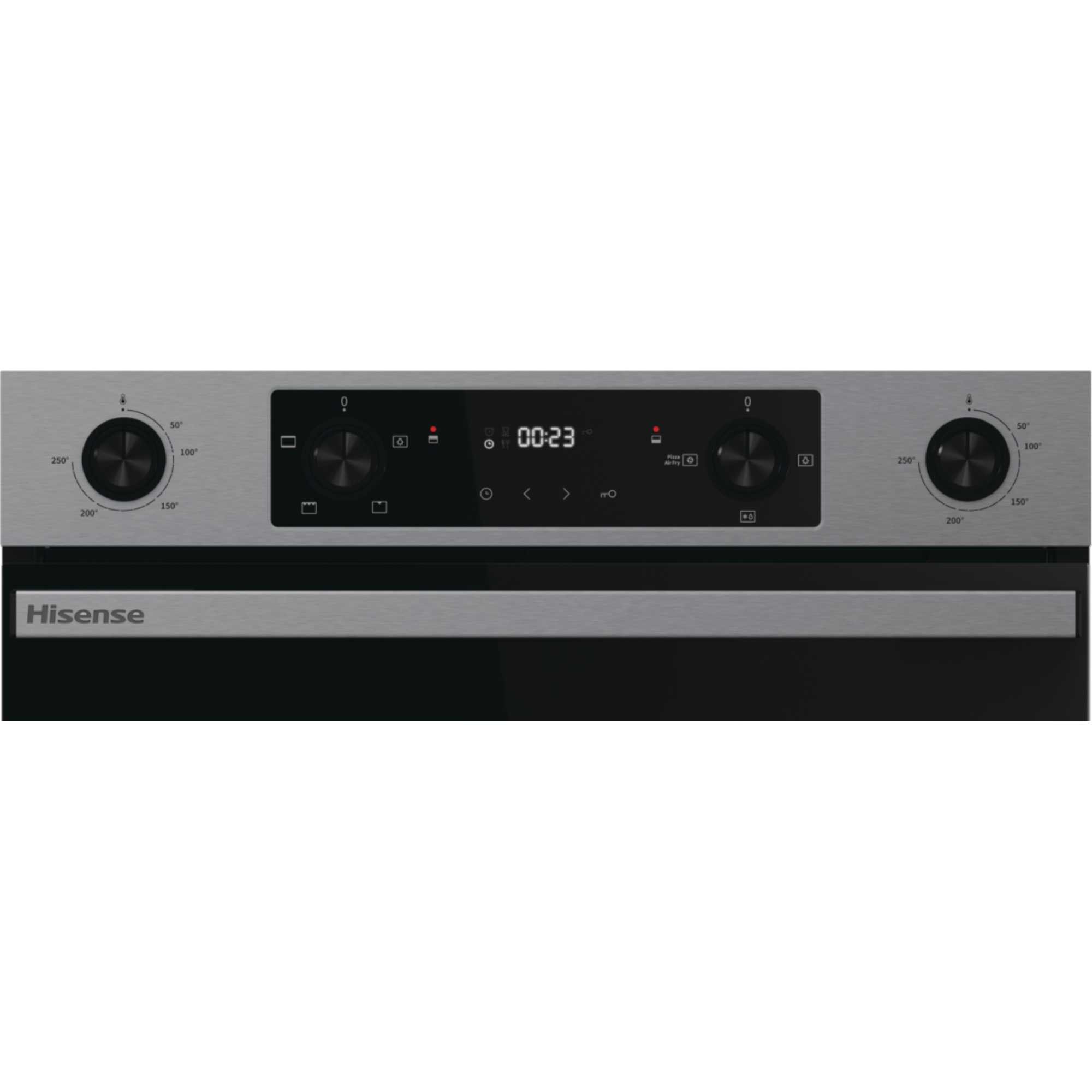 Stainless steel electric double oven with a sleek black glass front, featuring a digital display, control knobs, and the Hisense logo.