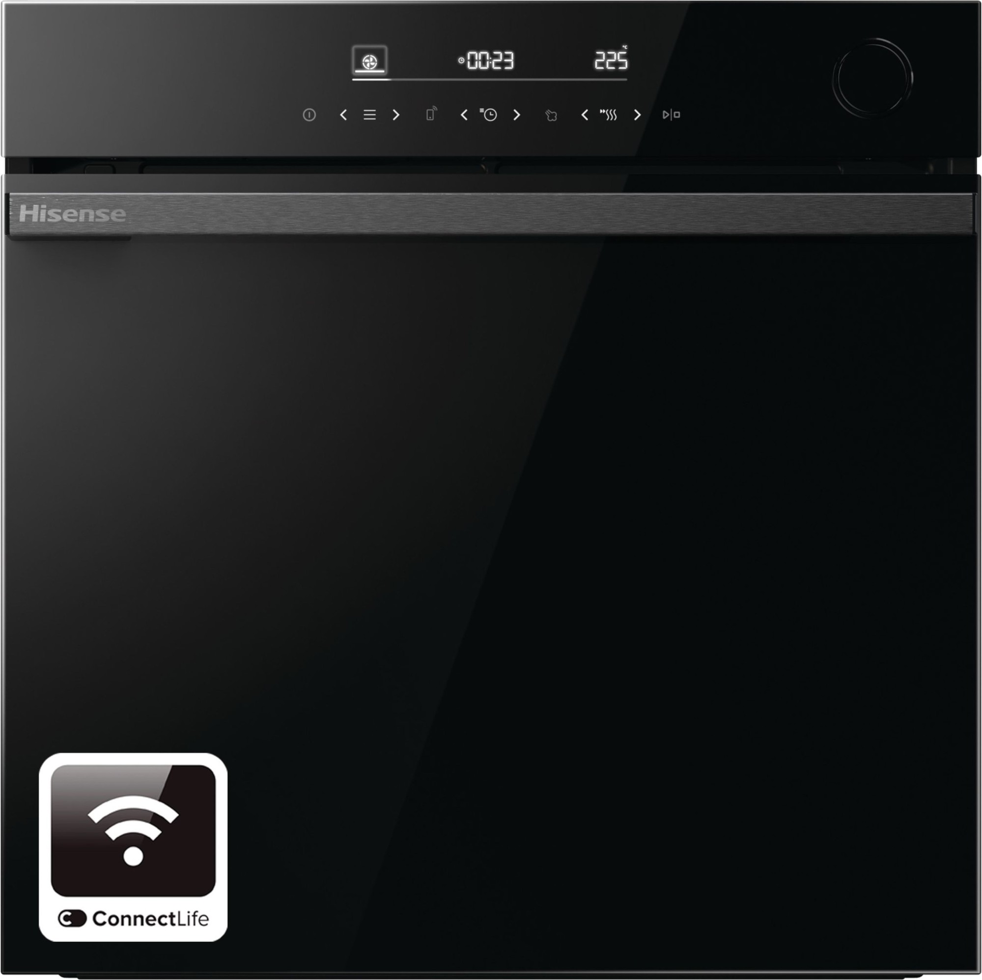 Black electric single oven with a sleek design, featuring a digital display, touch controls, and a stainless steel handle, branded with the Hisense logo and ConnectLife symbol.
