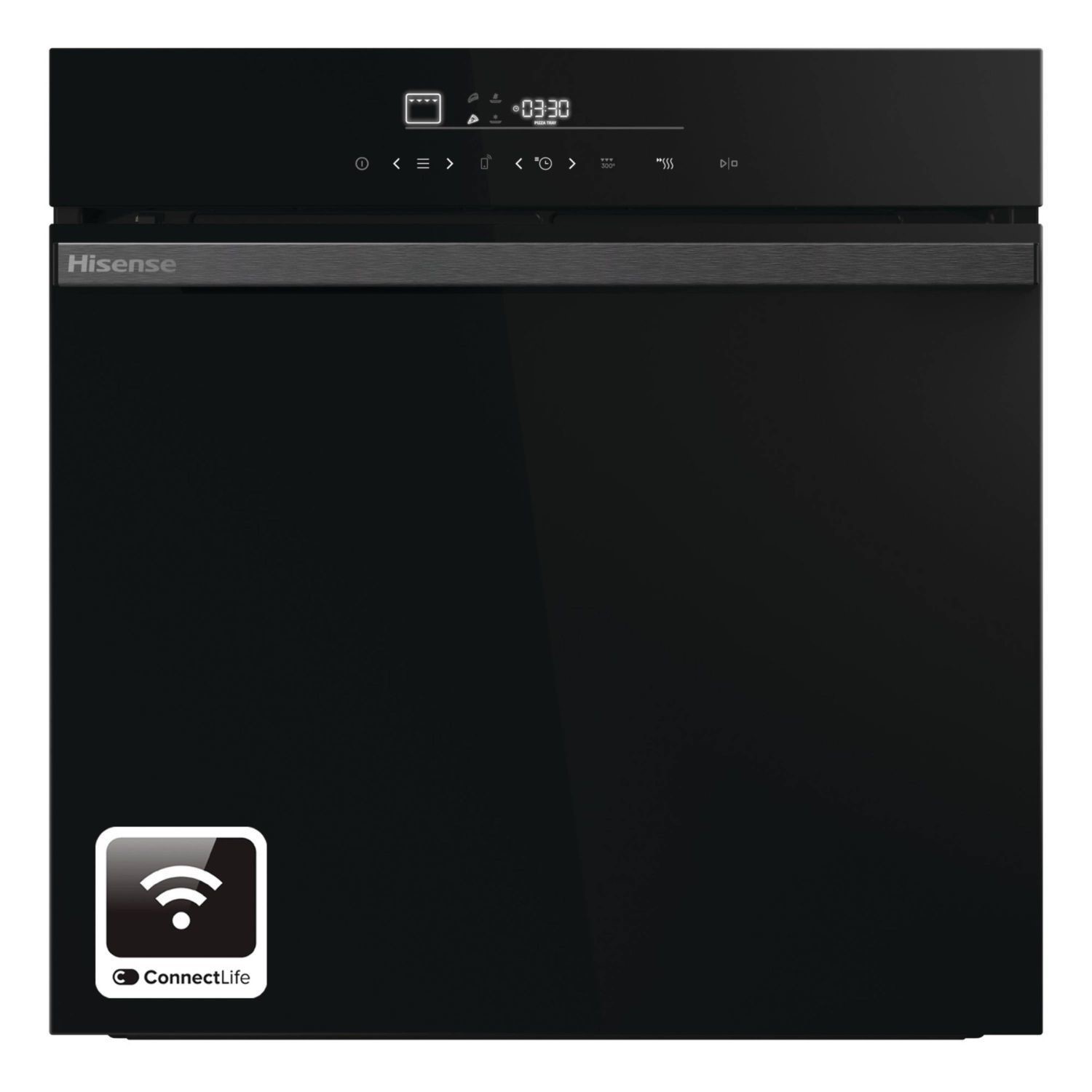 Hisense HO66FAPizzaChef electric single oven in sleek black finish, featuring a digital display, stainless steel handle, and a Wi-Fi connectivity icon.
