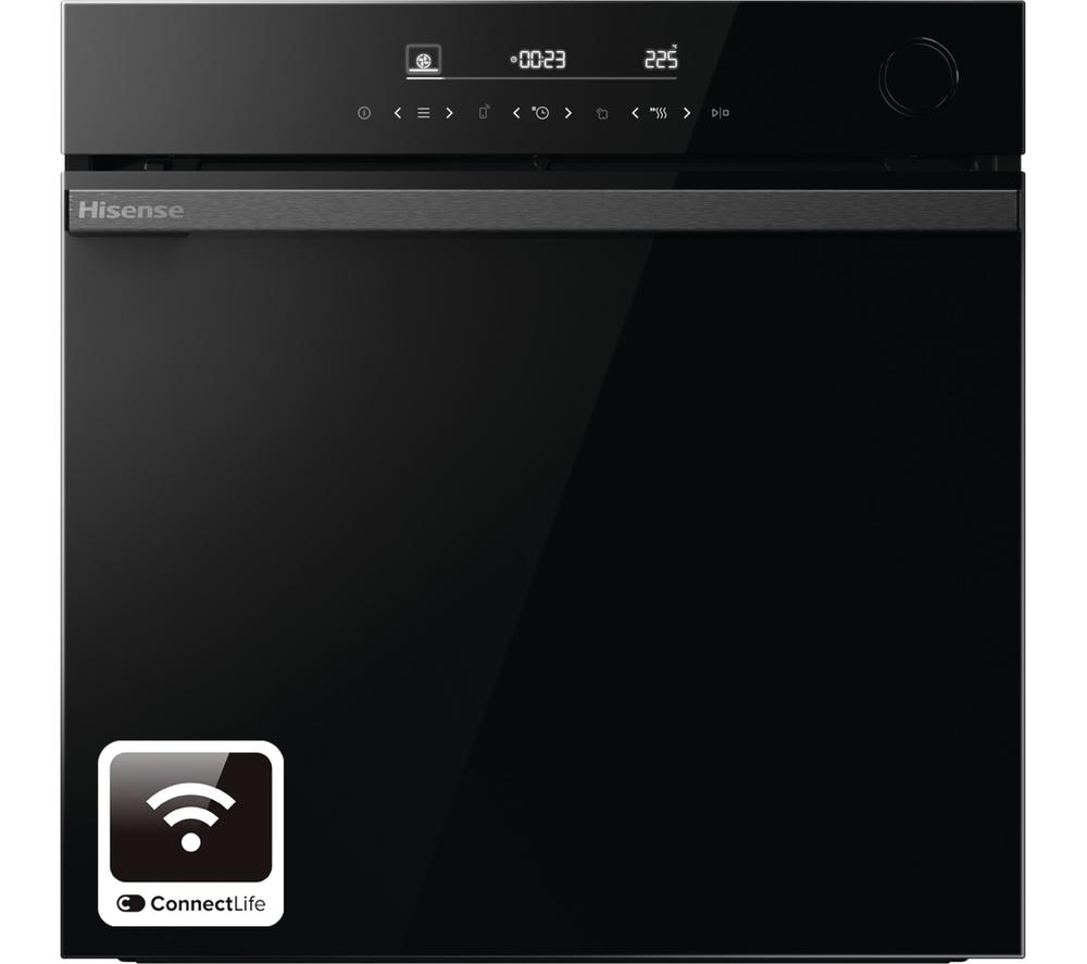 Black Hisense BSA66346PDBGUK electric single oven featuring a sleek design, digital display, control panel, and ConnectLife smart technology for remote operation.