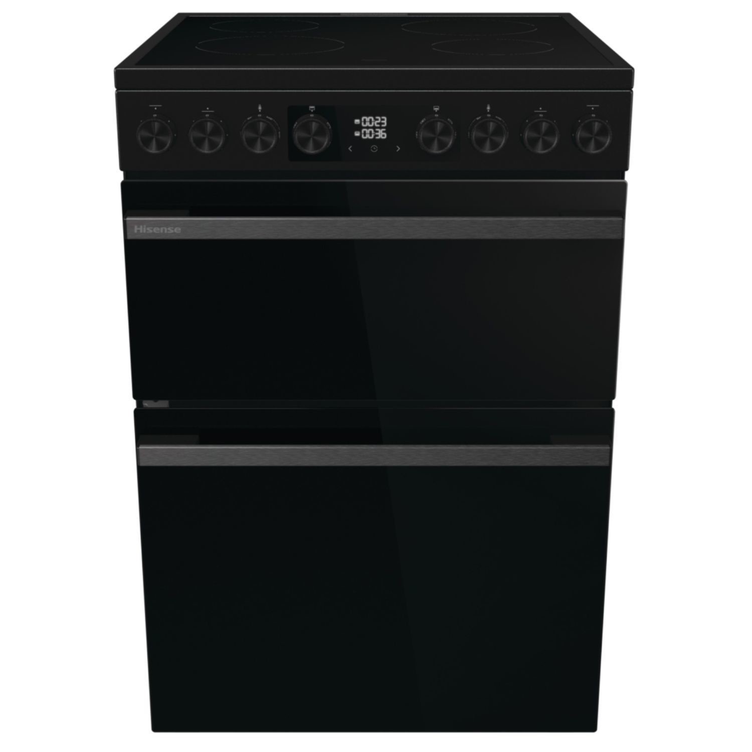Black Hisense HDCEC6C20B electric cooker with a sleek design, featuring four induction burners, a digital display, and two oven compartments with stainless steel accents.