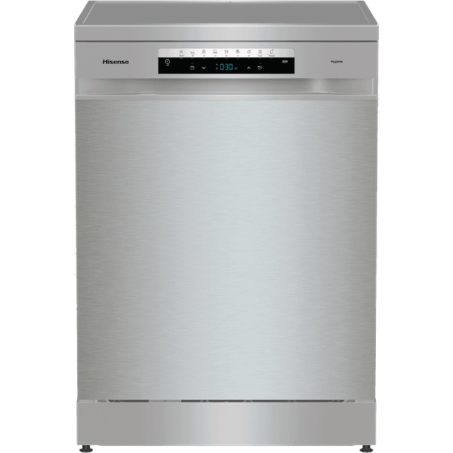 Stainless steel Hisense HS673C60XUK dishwasher featuring a sleek design, digital control panel, and LED display for cycle timing.