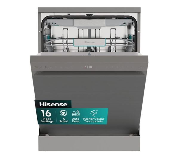 Full-size stainless steel dishwasher with a sleek design, WiFi-enabled features, and a control panel displaying 16 place settings and auto dose functionality.