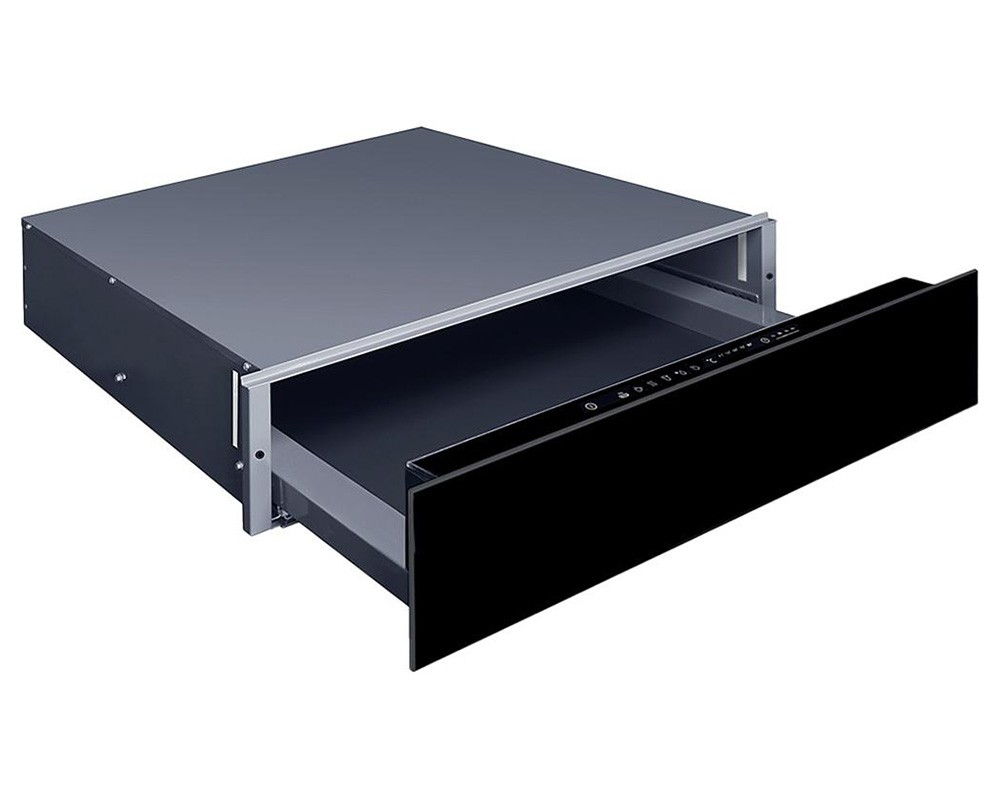 Hisense WDH14BG features a sleek black front panel with a minimalist design, a stainless steel frame, and a smooth pull-out drawer for easy access.
