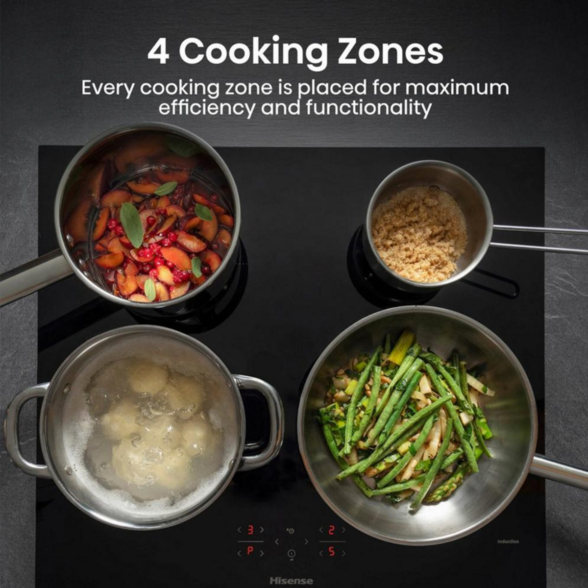 Black glass induction cooktop featuring four cooking zones, with pots of beans, vegetables, and grains on the surface, highlighting its sleek design and functionality.