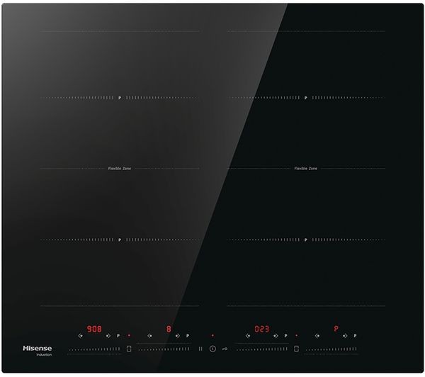 Black glass induction cooktop with four cooking zones, digital touch controls, and a sleek design, featuring a flexible zone for versatile cooking options.