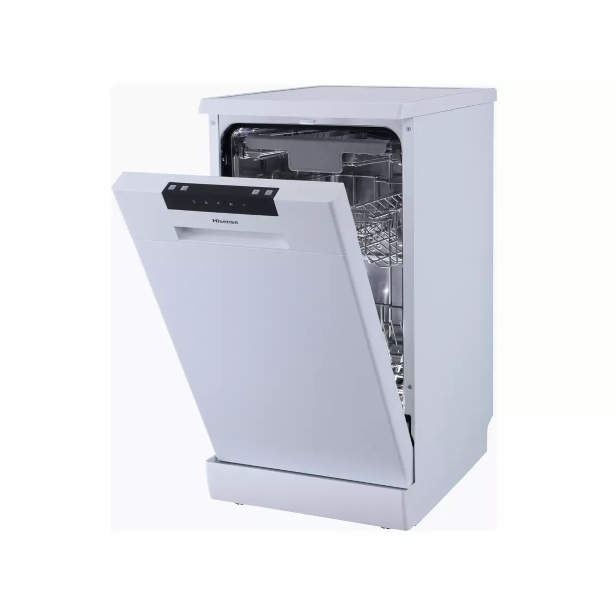 White Hisense HS523E15WUK dishwasher with an open door, showcasing a stainless steel interior and adjustable top rack for flexible loading.