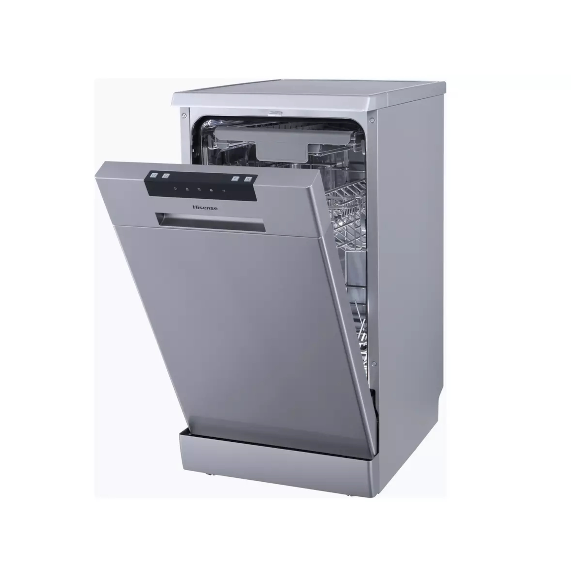 Silver Hisense HS523E15XUK dishwasher with a sleek design, featuring a pull-down front door, interior racks, and control panel with digital display.