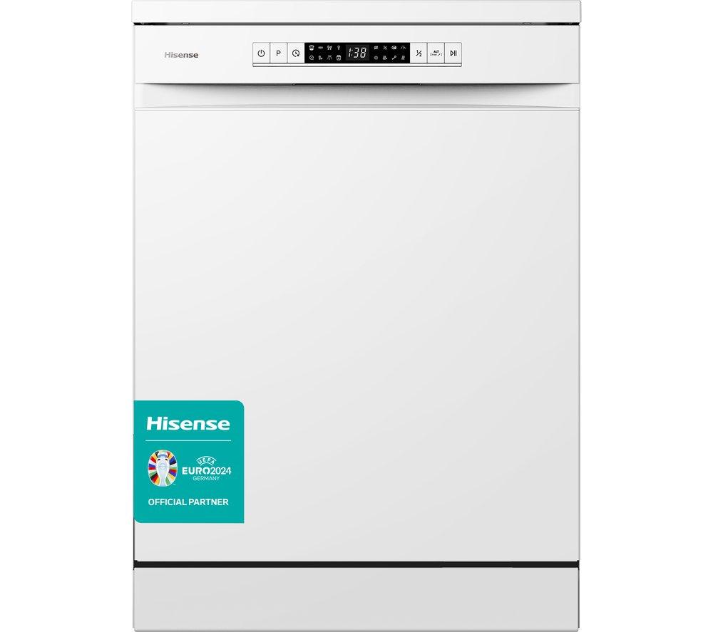 White full-size Hisense HS622E90WUK dishwasher featuring a sleek design, digital control panel, and a prominent Euro 2024 official partner sticker.