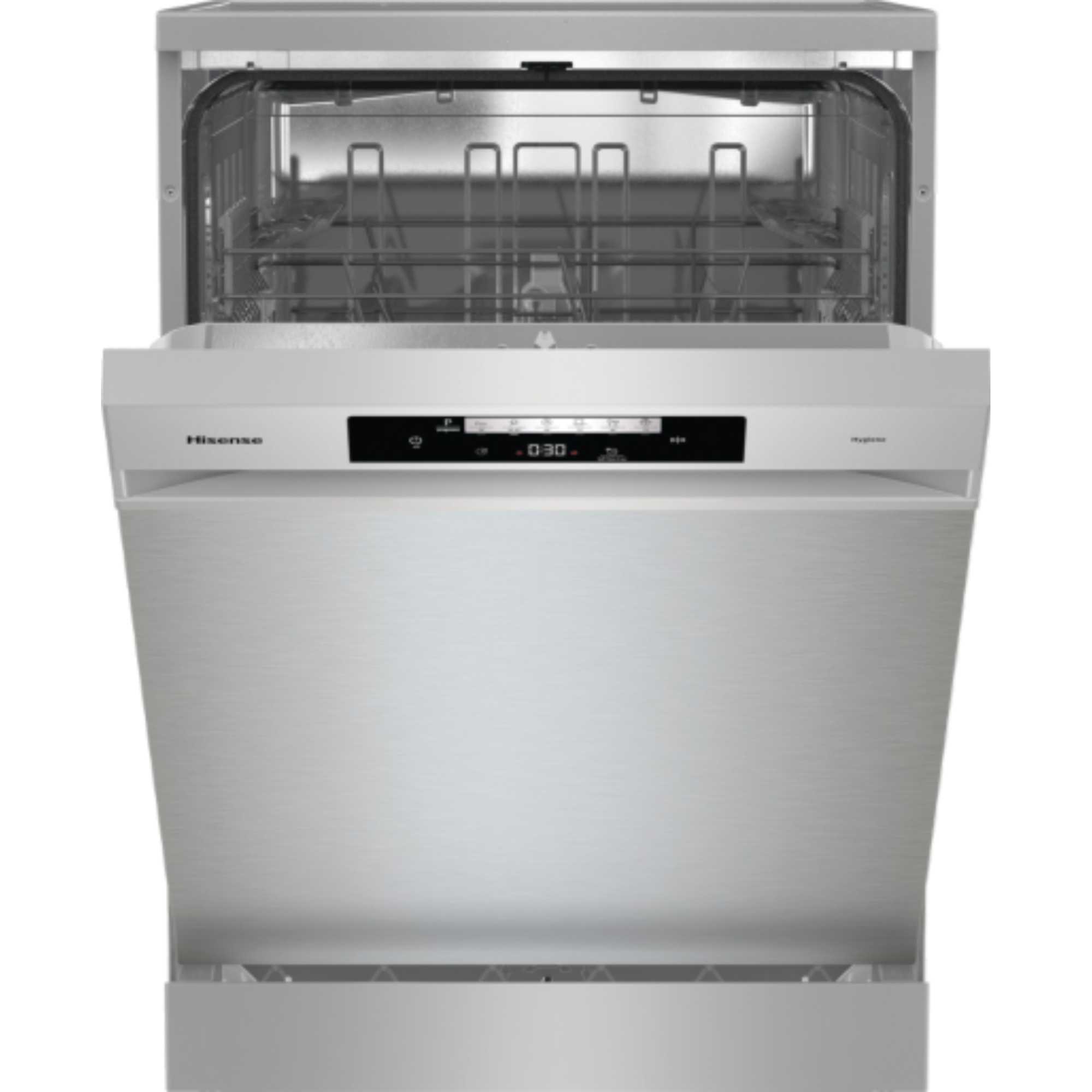 Hisense HS642D90XUK dishwasher features a sleek stainless steel finish, a modern control panel, and an open door revealing adjustable racks for efficient dish loading.