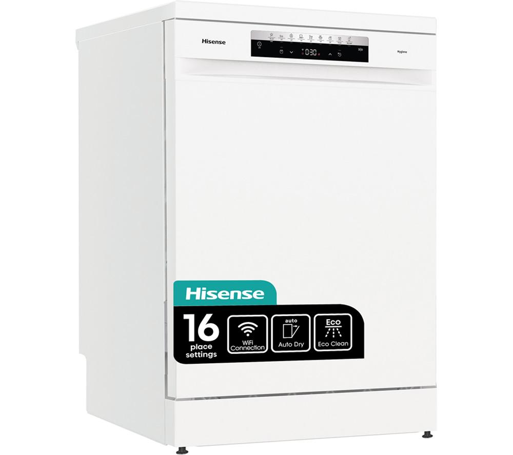 Freestanding white dishwasher with a sleek design, featuring a digital control panel, Wi-Fi connectivity, and a label indicating 16 place settings and eco-friendly features.