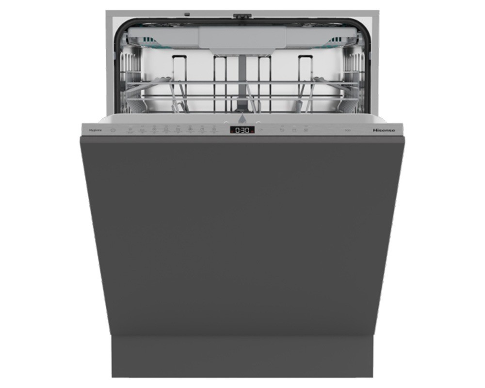 Hisense Hi6 integrated dishwasher in silver with a sleek control panel, featuring a spacious interior with a top rack and adjustable lower rack for efficient dish loading.