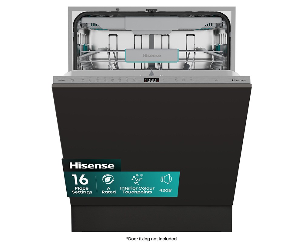 Hisense integrated dishwasher in silver with a sleek control panel, featuring 16 place settings, smart Wi-Fi capability, and a quiet operation at 42dB.