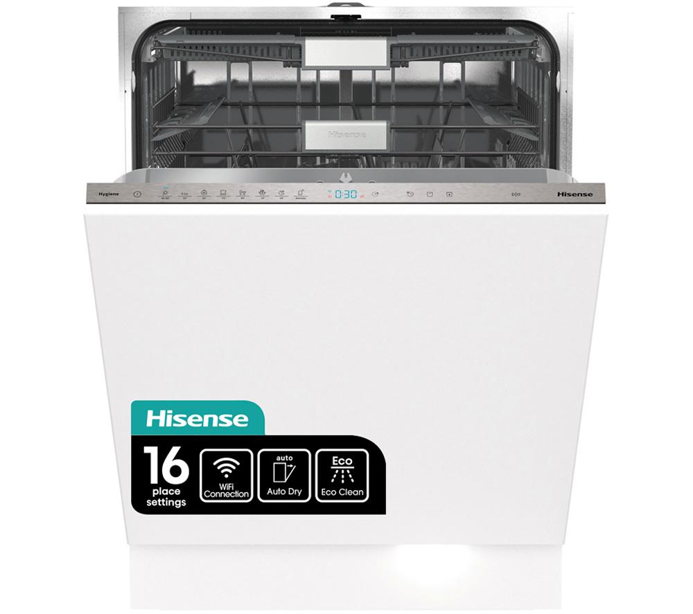 White built-in dishwasher with a stainless steel interior, featuring Wi-Fi connectivity, 16 place settings, and control panel with LED display for Auto Dry and Eco Clean functions.