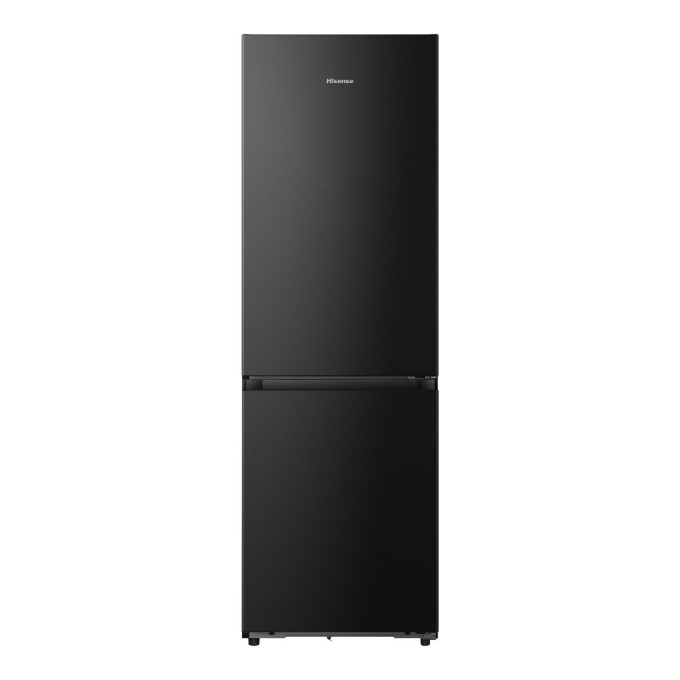 Sleek black Hisense RB5K330GSFC refrigerator with a modern design, featuring a top fridge compartment and a bottom freezer, made of stainless steel with a matte finish.