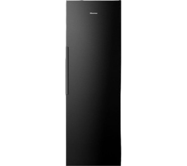 Sleek black Hisense RL5K370GSFC refrigerator with a minimalist design, featuring a smooth finish and a side handle for easy opening.