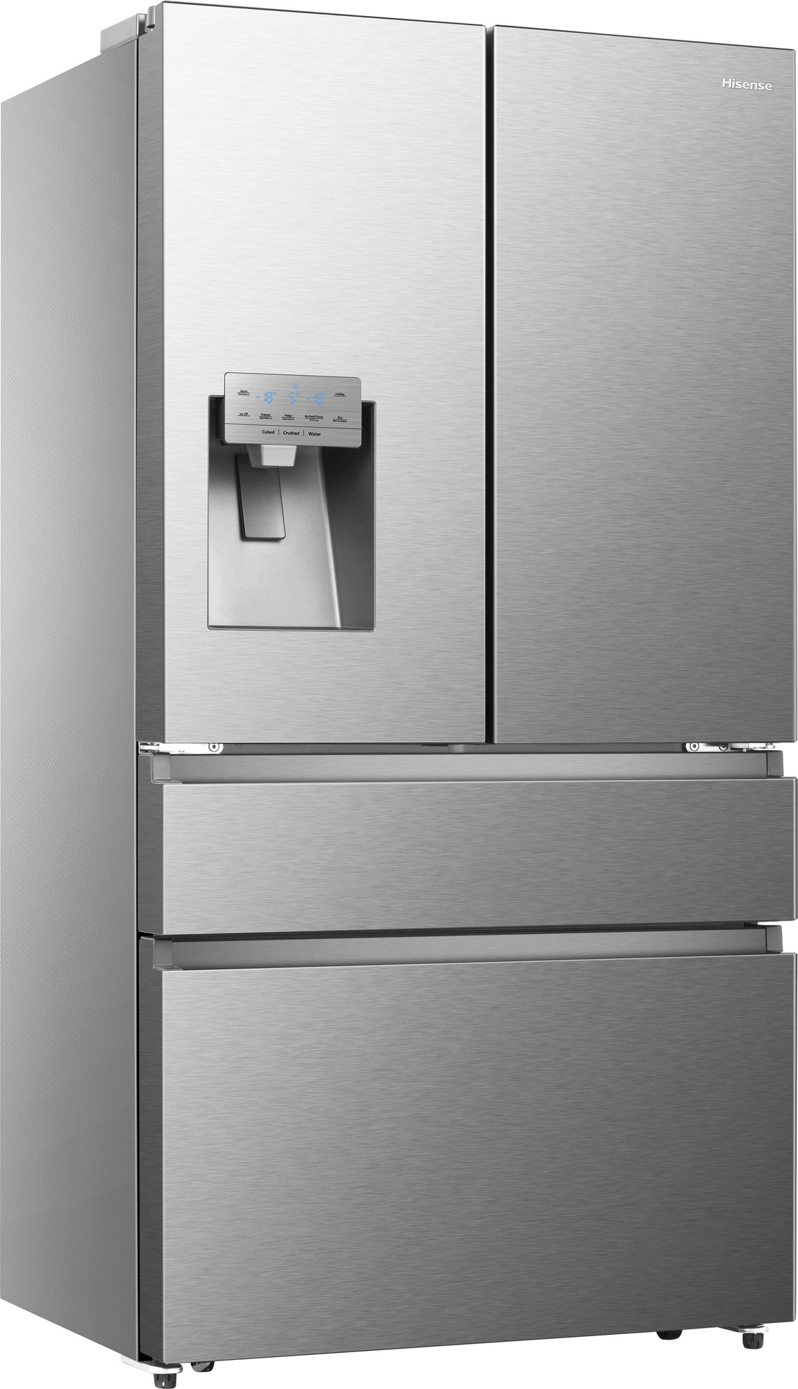 Stainless steel Hisense 560 Litre French style fridge freezer with double doors, water dispenser, and two bottom drawers for ample storage.