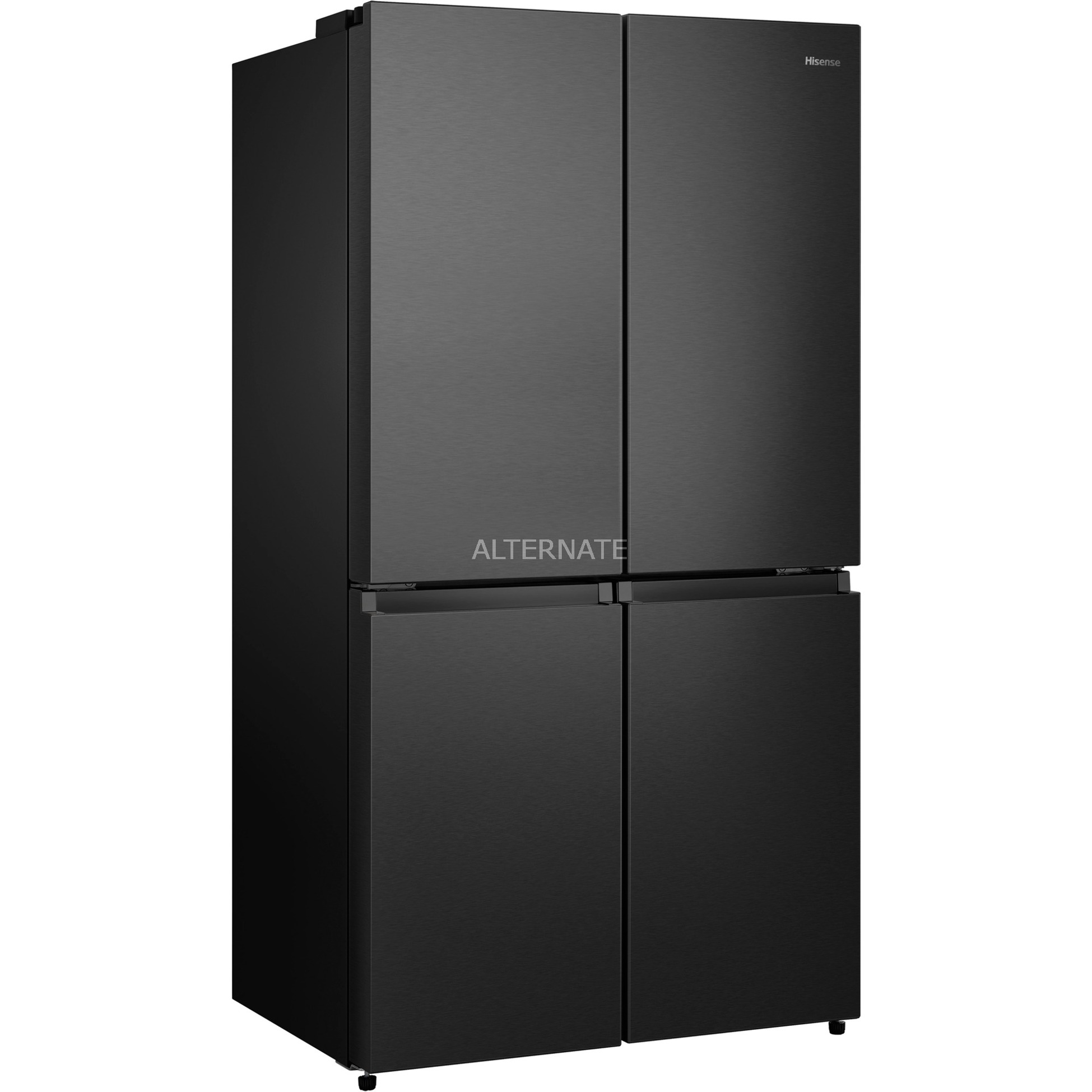 Hisense PureFlat RQ758N4SAFE Smart Fridge Freezer in sleek black finish, featuring a modern four-door design and minimalistic handle-less look.