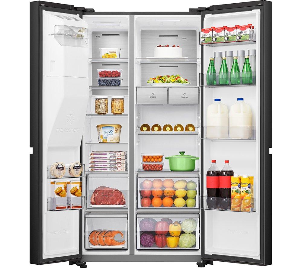 Black stainless steel American-style fridge freezer with a PureFlat design, featuring spacious shelves filled with fruits, vegetables, drinks, and various food items.
