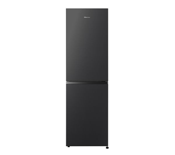 Black Hisense RB327N4ABD fridge freezer, 182cm high, featuring a sleek frost-free design with a top refrigerator compartment and bottom freezer, minimalist style with a smooth finish.