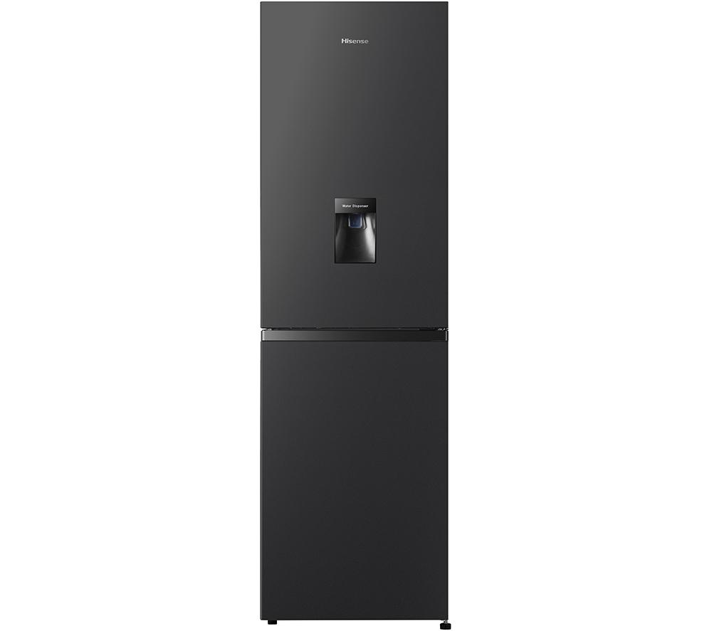 Hisense 256 litre black freestanding fridge freezer features a sleek design, a water dispenser on the front, and a 50/50 split for fridge and freezer compartments.