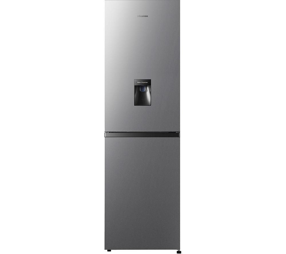 Stainless steel 50/50 fridge freezer with a sleek design, featuring a water dispenser on the front and a modern handle, ideal for kitchen use.