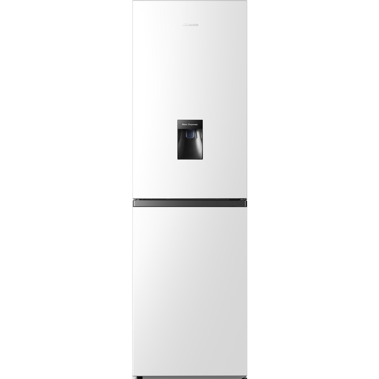 White Hisense RB327N4WWE 50/50 fridge freezer with a sleek design, featuring a water dispenser, black handle, and a modern finish.