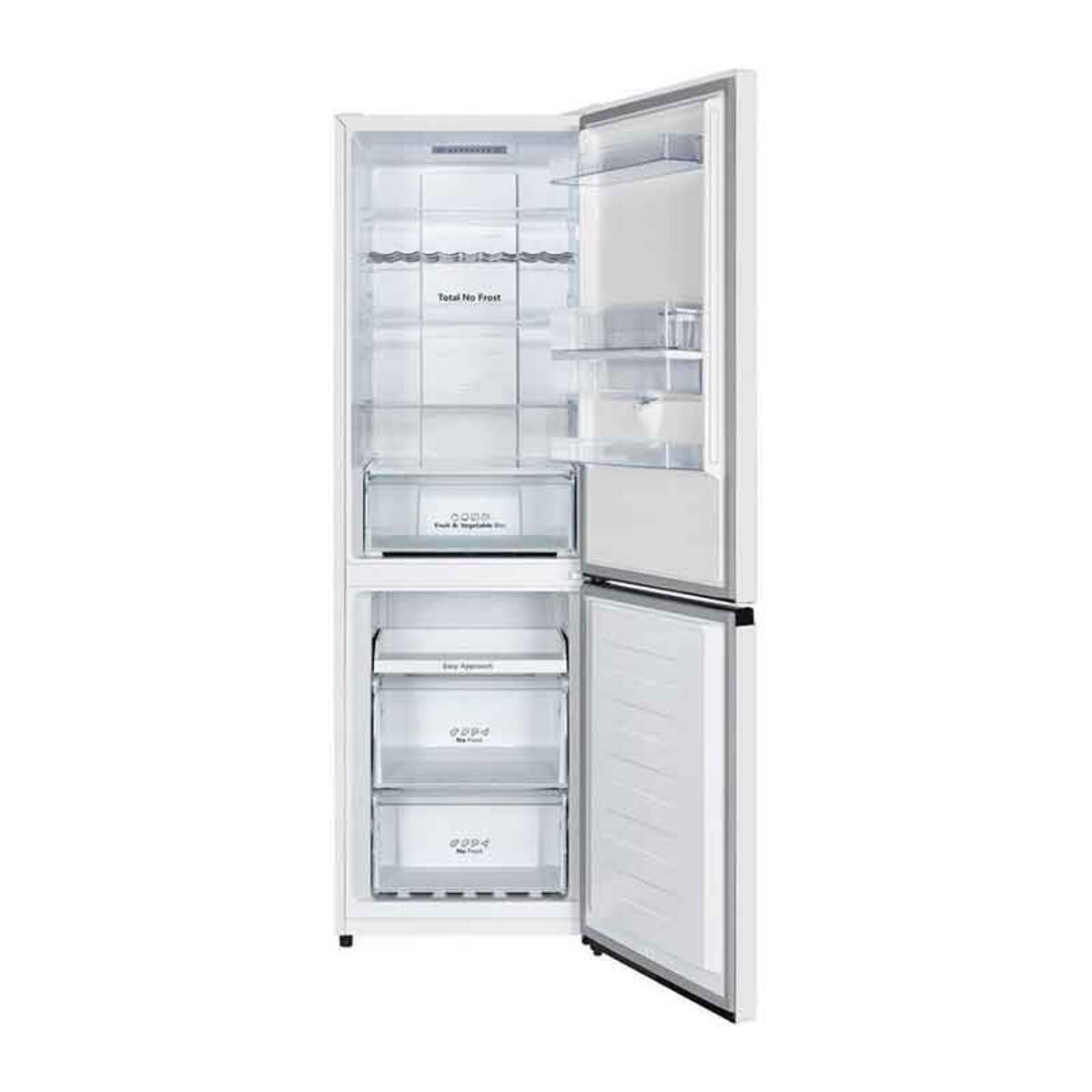 Frost-free white fridge freezer with a sleek design, featuring transparent shelves, spacious drawers, and a modern handle, showcasing ample storage for food and beverages.