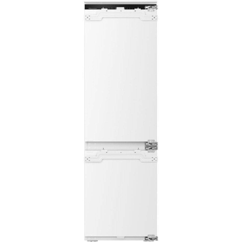 Integrated white fridge freezer with a fixed hinge design, featuring a 70/30 split, sleek finish, and minimalist style suitable for modern kitchens.