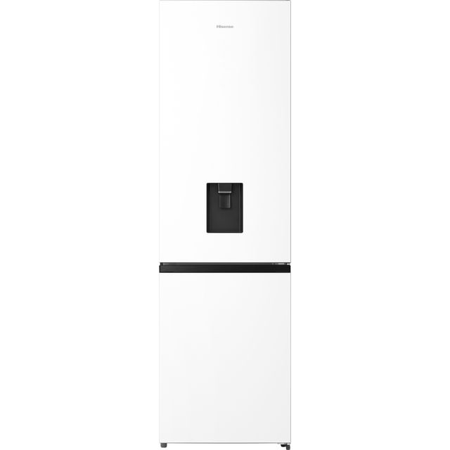 White Hisense RB435N4WWE refrigerator with a bottom freezer, featuring a sleek design, a water dispenser on the front, and a minimalist black handle.
