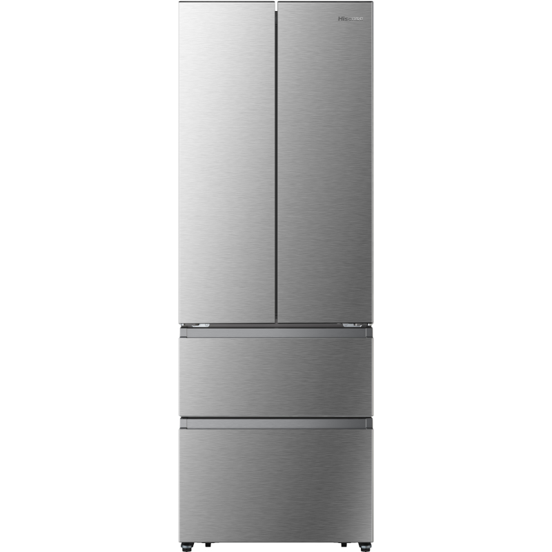 Silver French door fridge freezer with a sleek stainless steel finish, featuring two upper doors and three spacious drawers at the bottom, designed for efficient storage.