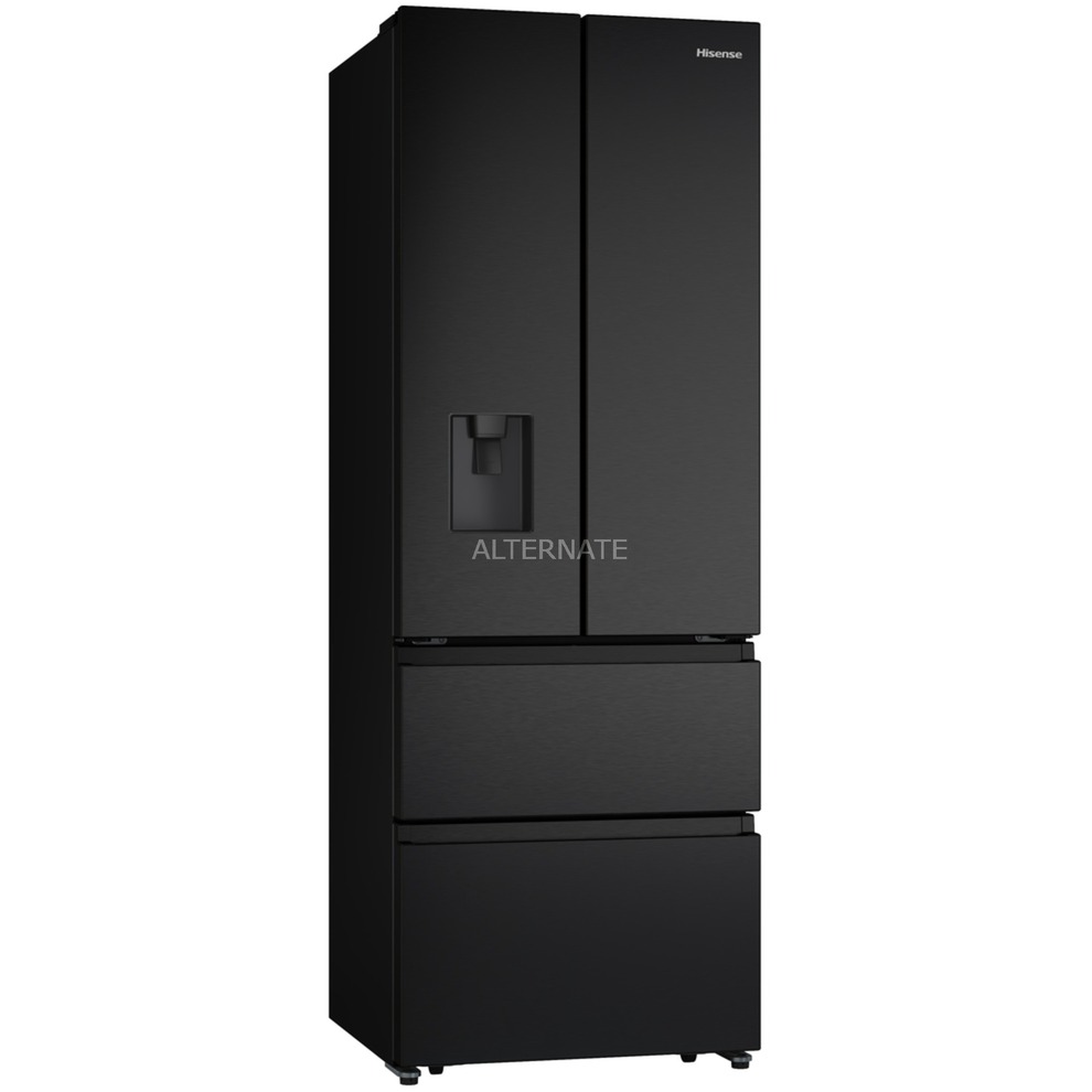 Sleek black Hisense RF632N4WFE refrigerator features a French door design, water dispenser, and two spacious bottom drawers for ample storage.