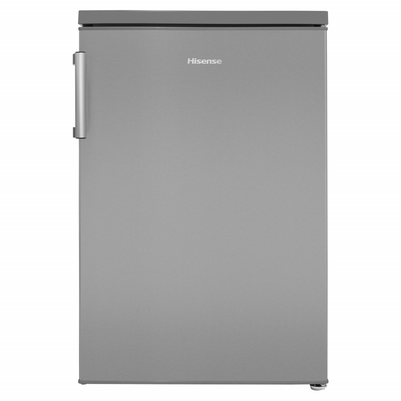 Silver Hisense RL170D4BCE undercounter fridge, 85cm high and 56cm wide, featuring a sleek metallic finish and a single side handle for easy access.