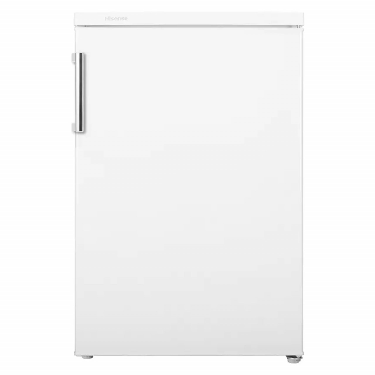 White Hisense RL170D4BWE 85cm high undercounter fridge, 56cm wide, featuring a sleek design with a stainless steel handle and a smooth, glossy finish.