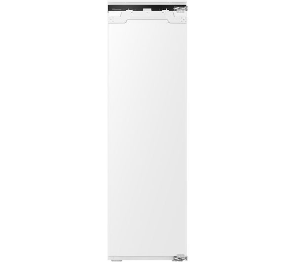 Sleek, white integrated fridge with a minimalist design, featuring a smooth surface and a top-mounted handle, ideal for seamless kitchen integration.