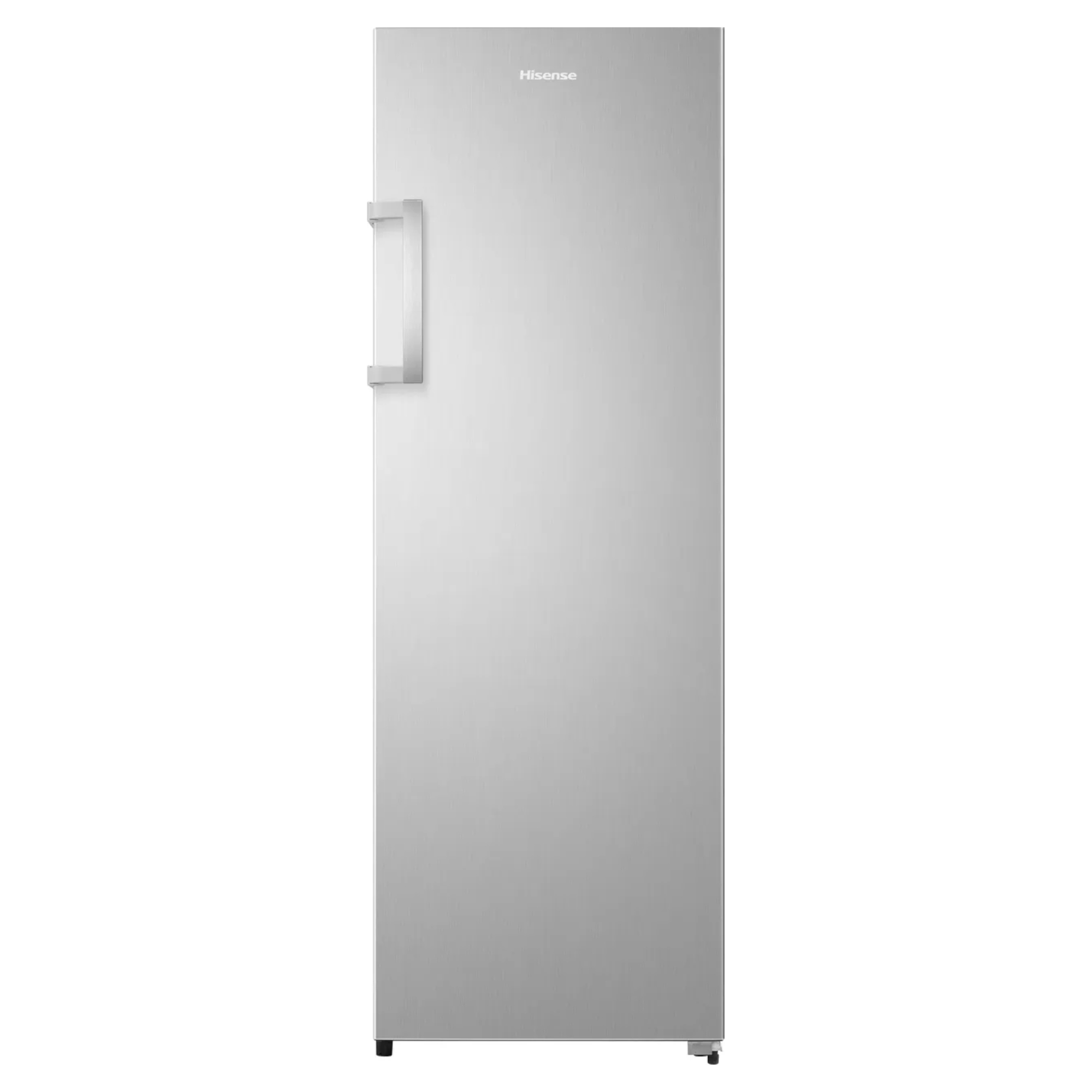 Tall, sleek silver refrigerator with a smooth finish, featuring a single door, a metallic handle, and a minimalist design, branded with the Hisense logo at the top.