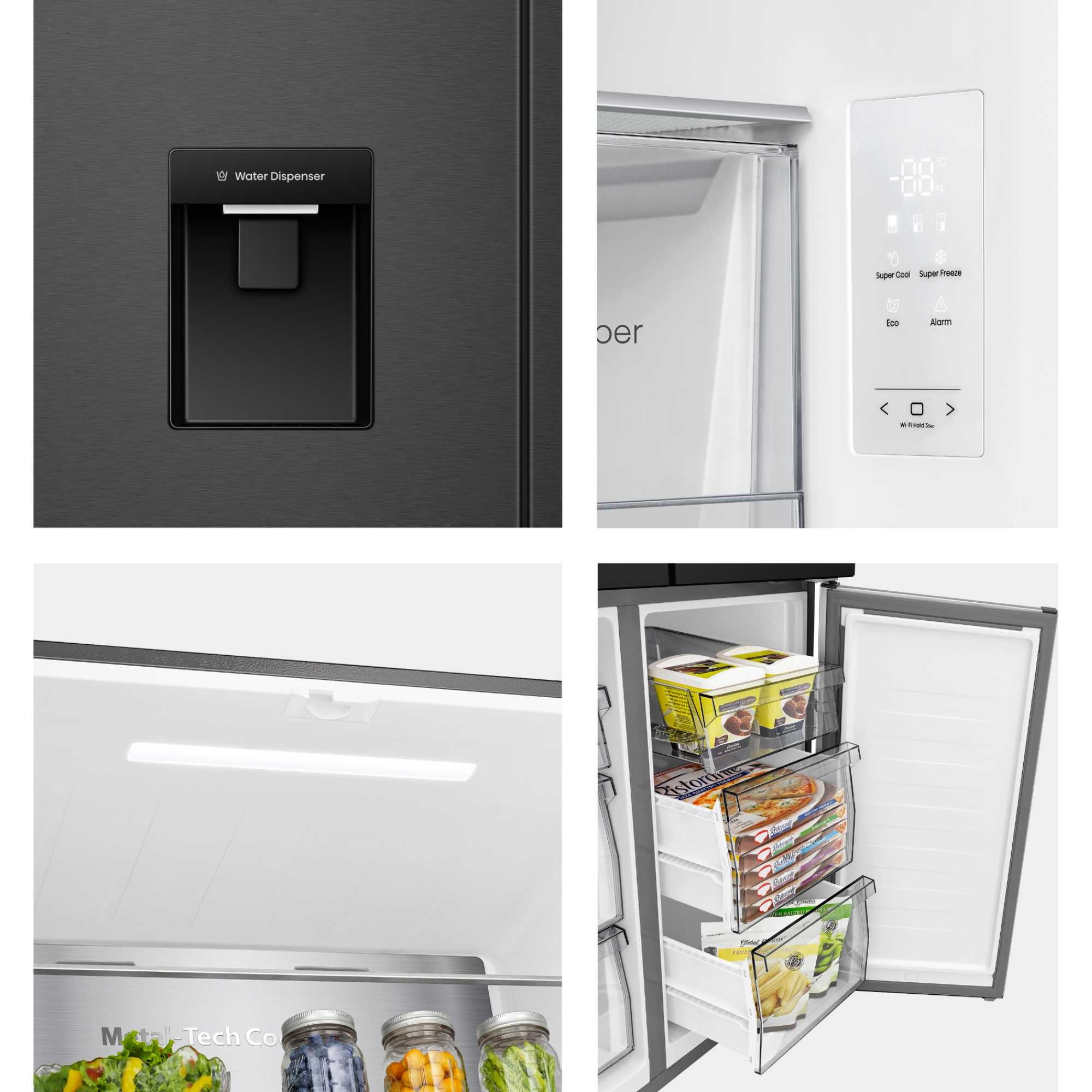 Hisense Pureflat Infinite 482L four-door American fridge freezer in black, featuring a water dispenser, digital control panel, and spacious interior with clear storage bins.