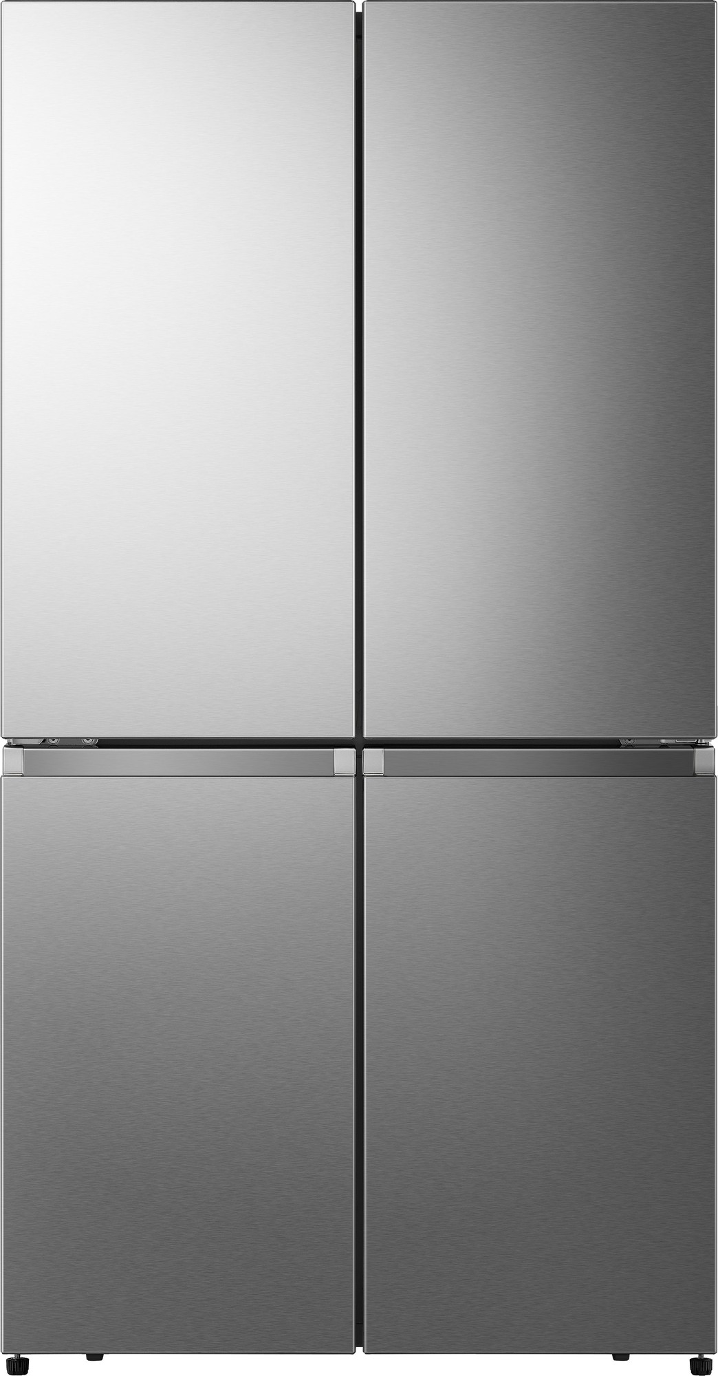 Stainless steel HISENSE PureFlat RQ758N4SASE Smart Fridge Freezer with a sleek, minimalist design featuring four doors and a modern finish.
