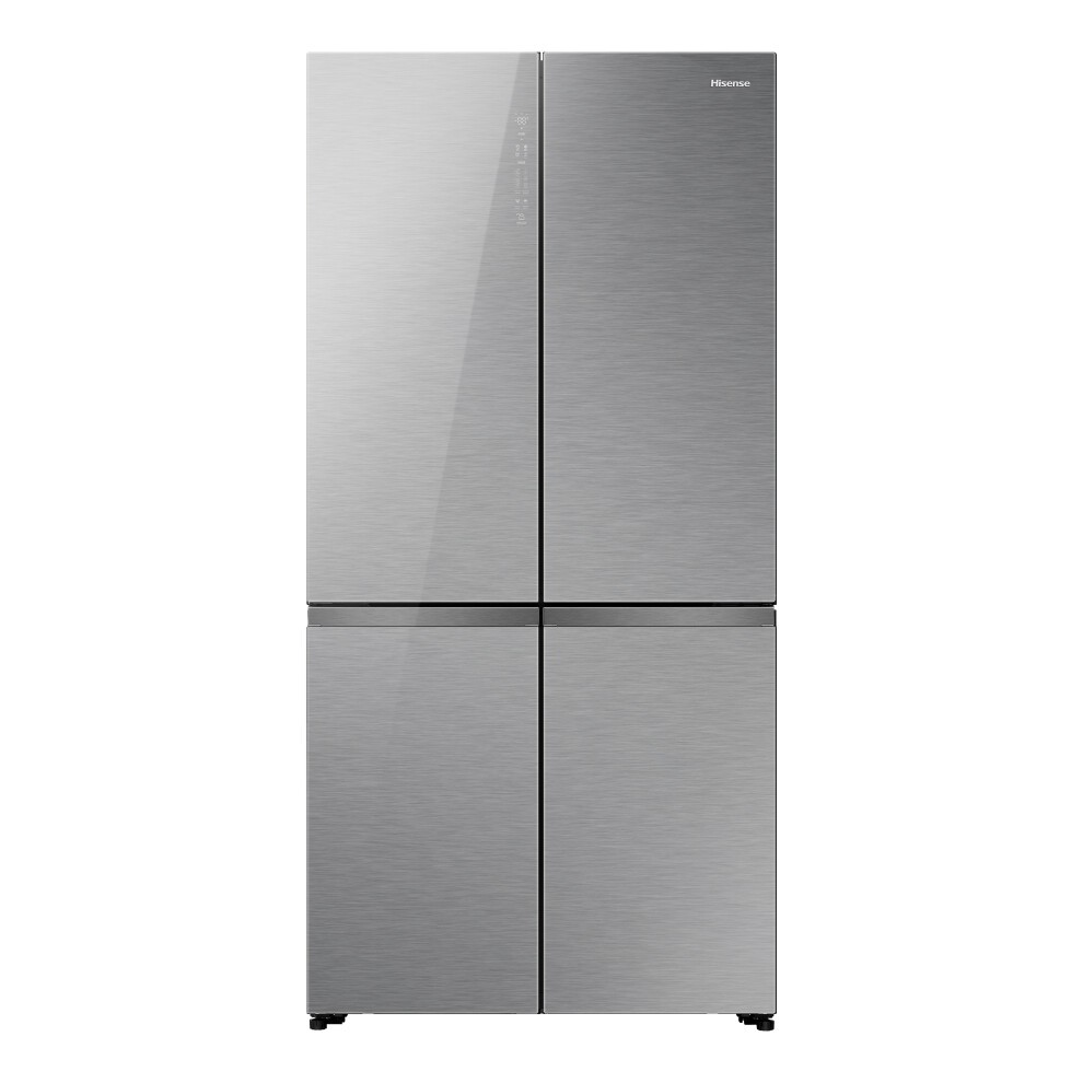 Stainless steel Hisense RQ768N4GVE refrigerator with a sleek, modern design featuring four doors and a minimalist control panel.