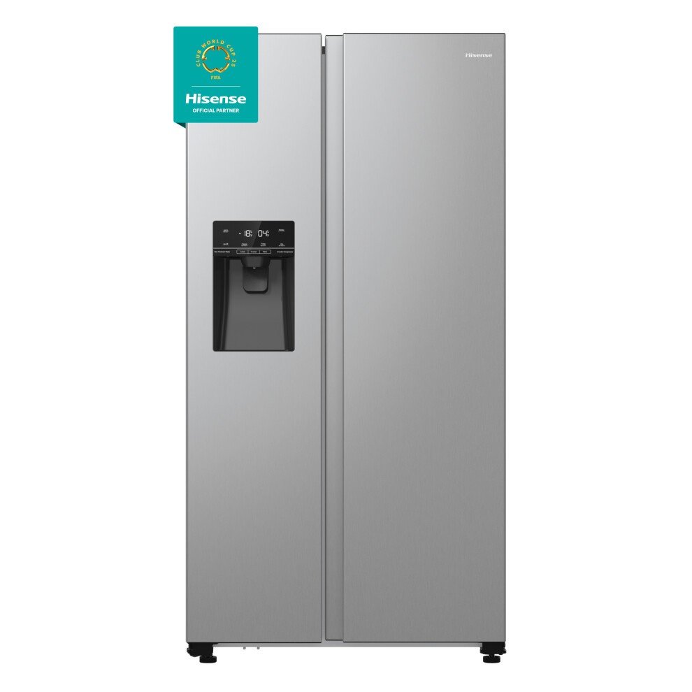 Silver Hisense RS5P535NTCDUK 91cm No Frost American side-by-side fridge freezer featuring a water dispenser and sleek control panel on the front.