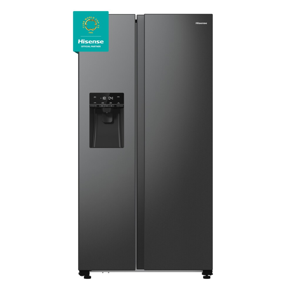 Black Hisense RS5P535NTFDUK 91cm No Frost American side-by-side fridge freezer featuring a water dispenser and sleek touch controls on the front panel.