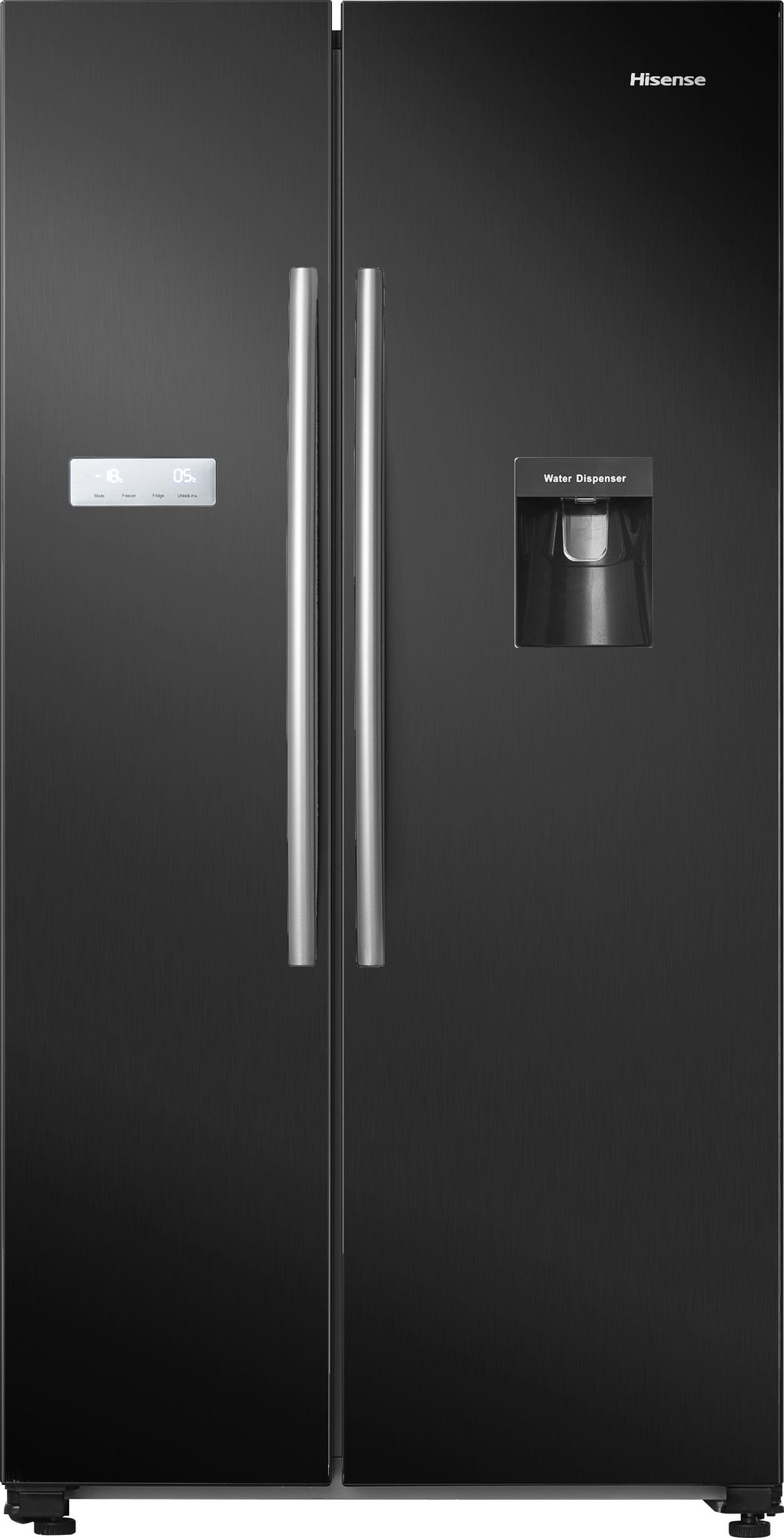 Sleek black Hisense RS741N4WBE refrigerator with stainless steel handles, digital control panel, and built-in water dispenser on the right side.