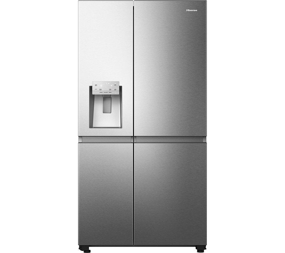Stainless steel Hisense Pureflat Infinite side-by-side fridge freezer with a sleek design, featuring a water dispenser and spacious 632-litre capacity.