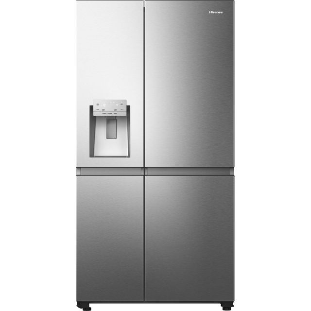 Stainless steel Hisense RS818N4TIE refrigerator featuring a sleek design, double doors, water dispenser, and a bottom freezer compartment.