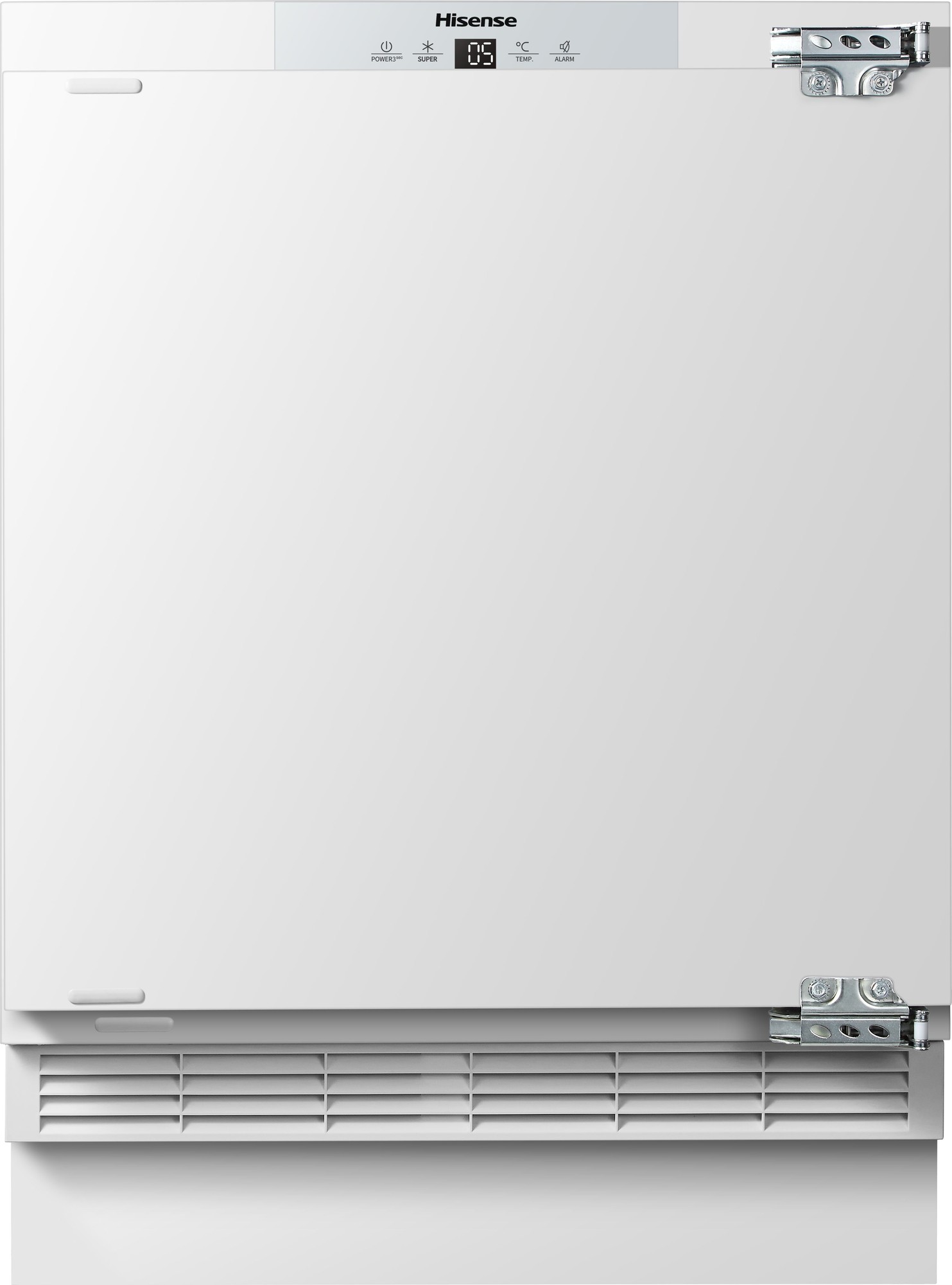 White integrated under counter fridge with a smooth finish, featuring a digital display, adjustable temperature controls, and a small ice box compartment at the top.