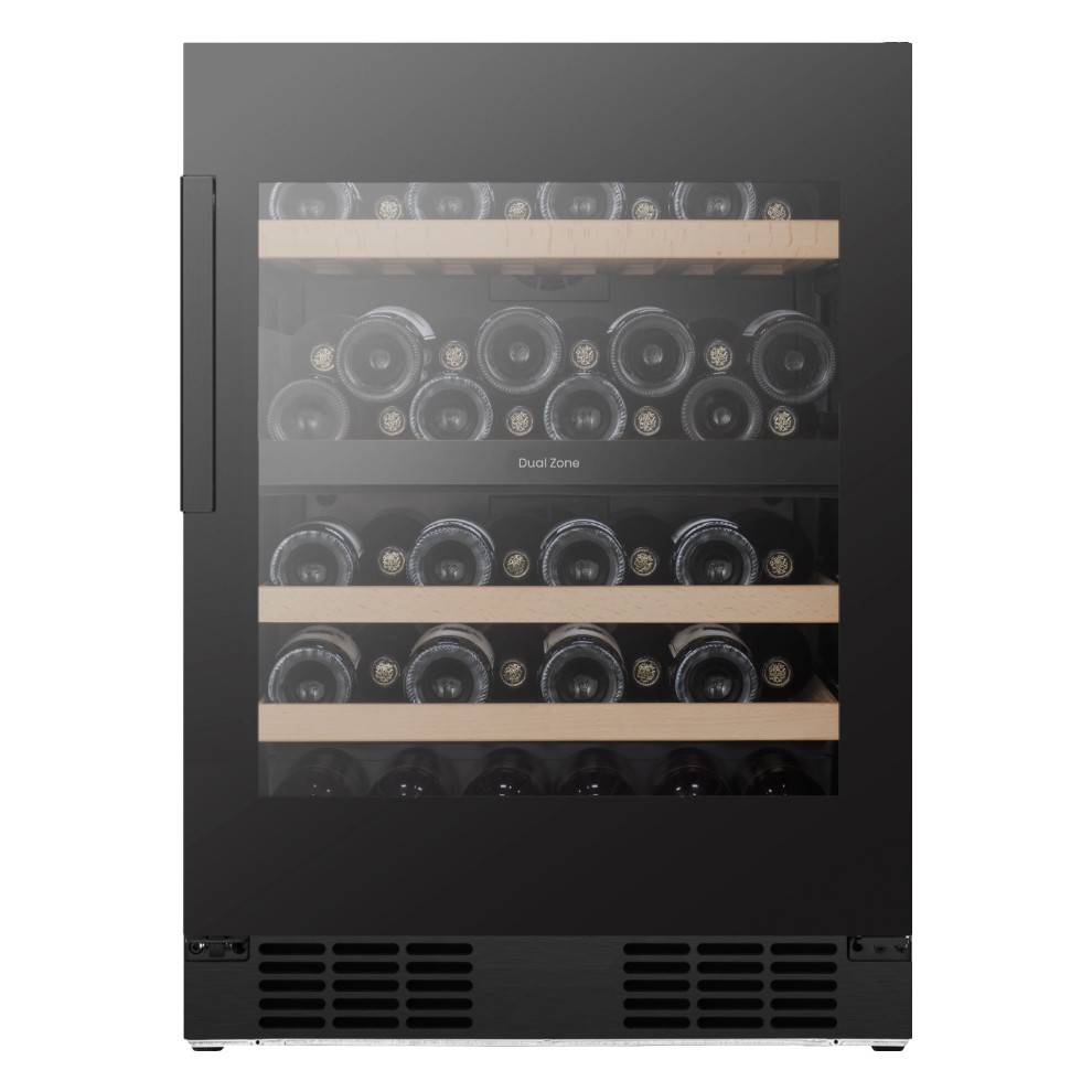 Freestanding black wine cooler with a glass door, showcasing 46 bottles on wooden shelves, featuring dual temperature zones for optimal wine storage.